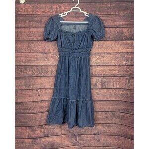 Indigo & Lace Denim Puff Sleeve Midi Dress Jrs XL Prairie Cottage Boho Hippie